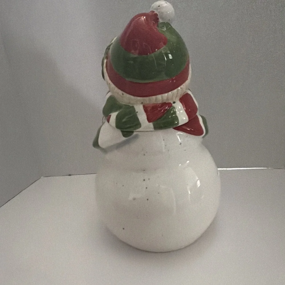 Ceramic Snowman Cookie Jar Holiday Christmas Decor Cardinal Lantern Red Green